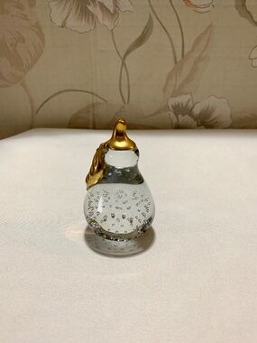 Art Glass Controlled Bubbles Clear Pear Paperweight with Gold Stem 3.75” x 2.25"